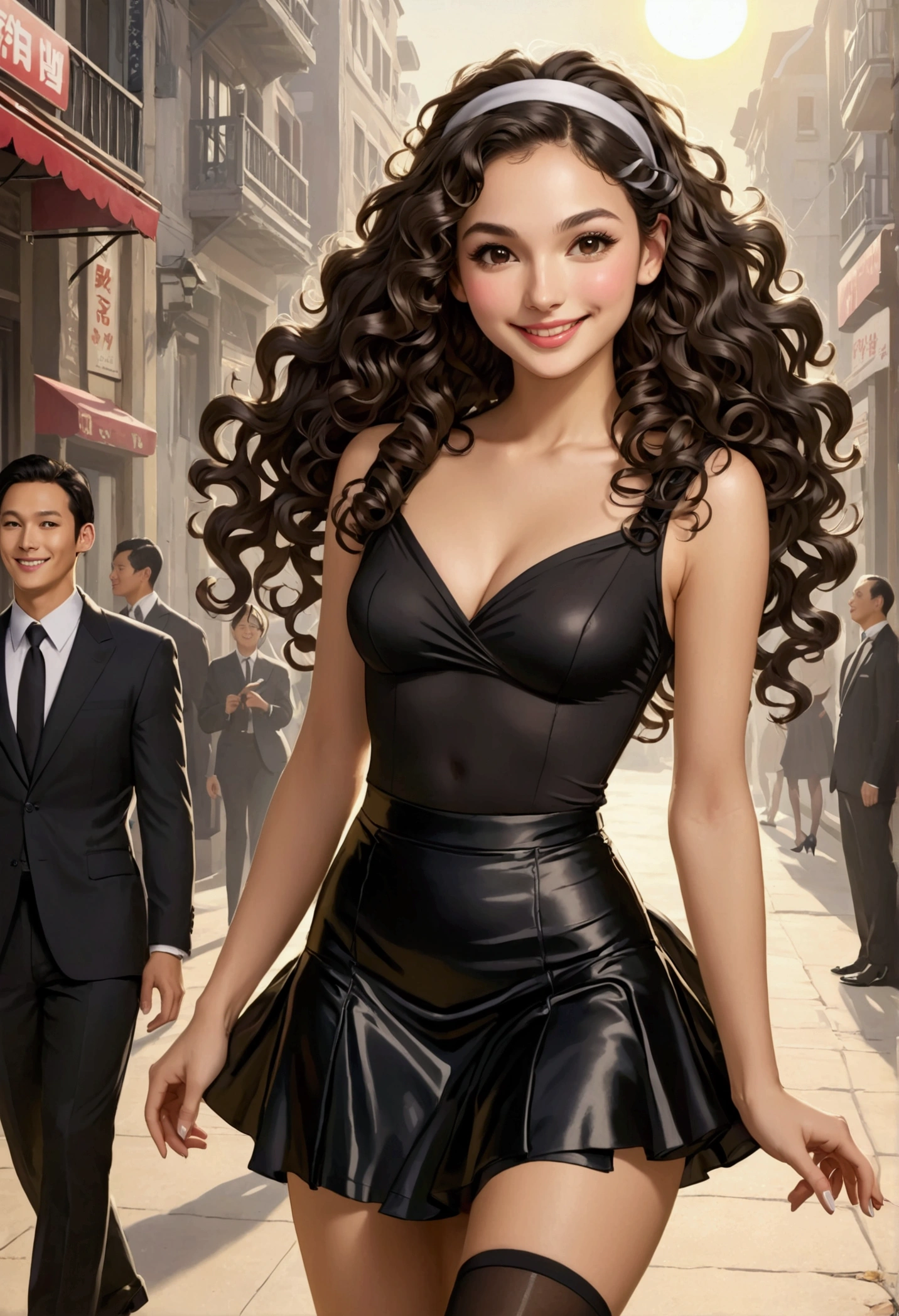 Gal Gadot、a smile、Female sexy、Black very tiny miniskirt, silk pantyhose, very long puffy curly hair, head band, high heels, sun shiny day