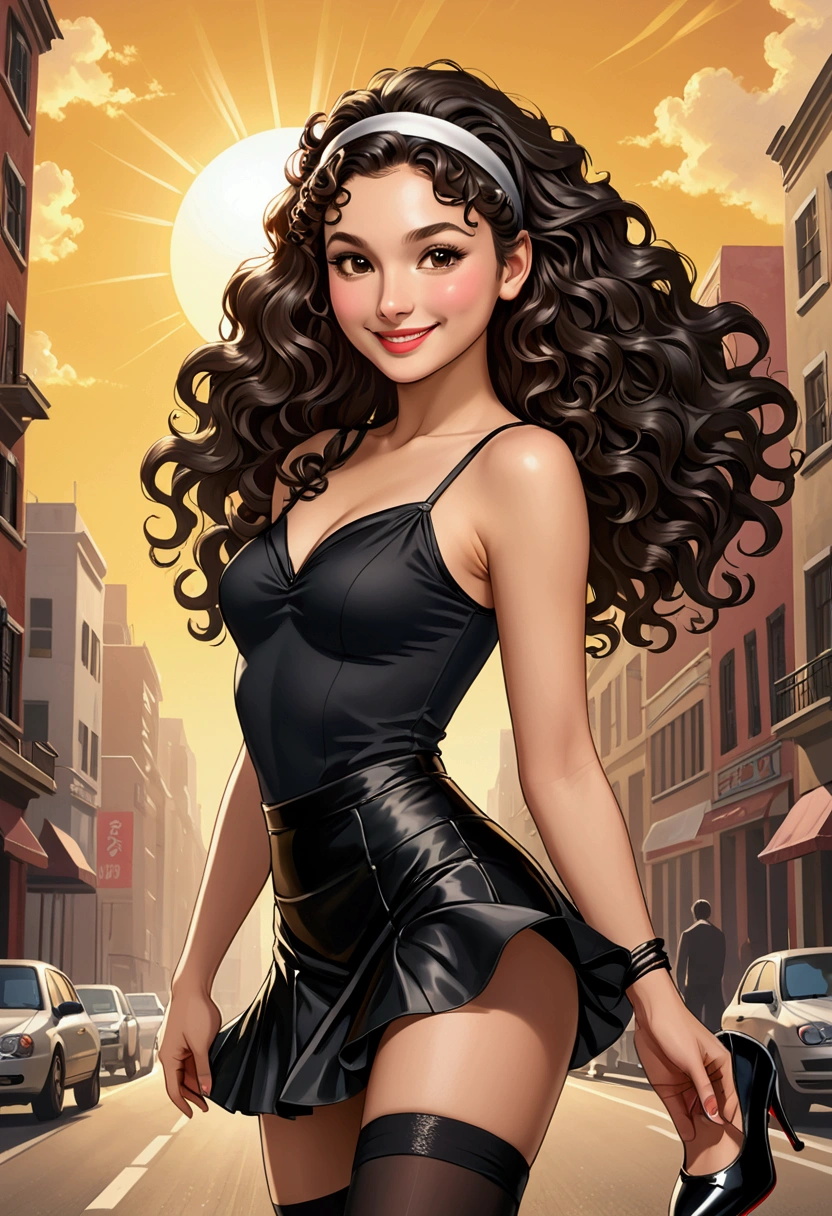 Gal Gadot、a smile、Female sexy、Black very tiny miniskirt, silk pantyhose, very long puffy curly hair, head band, high heels, sun shiny day