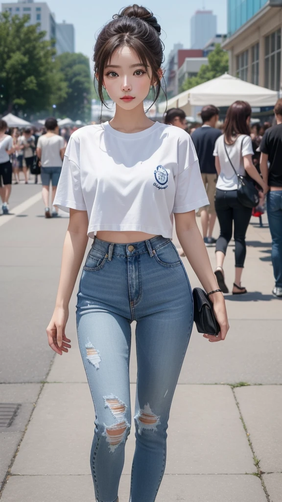 A classic white tee and distressed jeans look.、A single woman who exudes confidence and effortless style(1 Female)A masterpiece that captures the essence of(quality:1.2)。Her minimalist makeup style highlights her natural beauty..、Her messy hairstyle lends a casual charm。The scene was、Located in the vibrant surroundings of music festivals and the trendy downtown district。photograph、In its highest quality resolution、beautiful, Modern and easygoing encapsulation