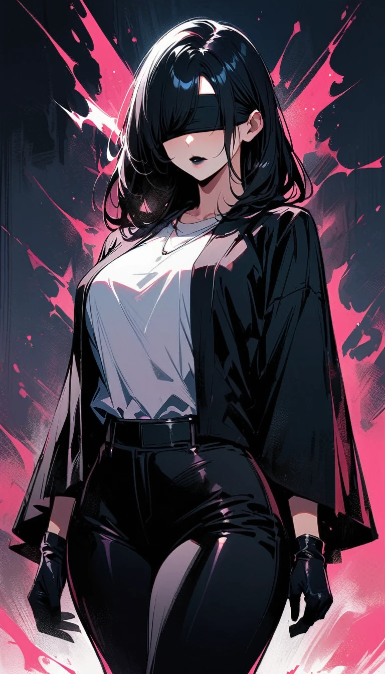 (high quality, 8k, 4K, high contrast, artwork:1.2, high quality, best aesthetics), (centered), ((1 woman)), erotic, sensual, mature body, super detailed, beautiful face detailed, detailed beautiful mouth, perfect breats, perfect wide thighs, (short straight black hair), (black lipstick), (sadistic expression), (black blindfold), (eyes covered by a black blindfold), (blindfolded), (plain white shirt), (black leggings), (long black poncho), (black gloves), (standing), (looking at viewer), (front view)