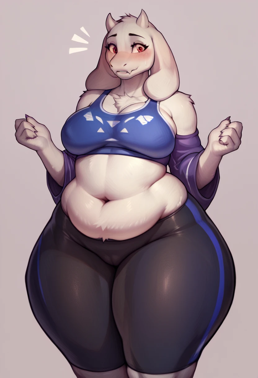 score_9, score_8_up, score_7_up, score_6_up, source_furry, solo, white fur, toriel, best quality masterpiece, overweight , bike shorts, sports bra, (huge hips:1.4), blush,