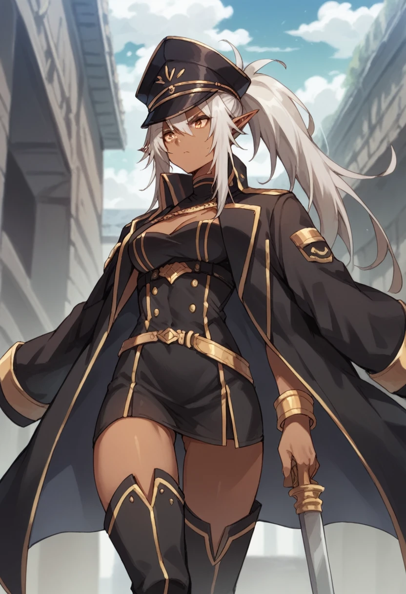 orange eyes,dark elf,grey hair,1lady,high ponytail, gold and black coat,jewelry,gold and black uniform,military hat,thigh boots,
