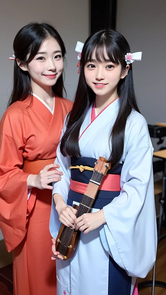 beautiful japanese a woman 、Two Girls、with playing the shamisen, kimono, singer、Singing twins、two japanese girls、on stage、Holding a Japanese shamisen、Two Girls、