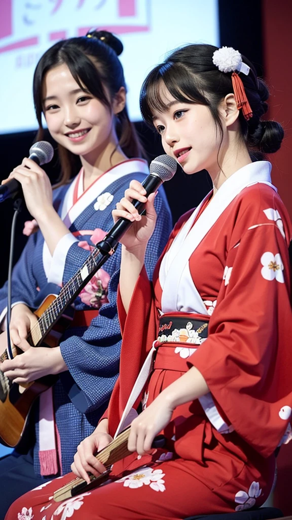 beautiful japanese a woman 、Two Girls、with playing the shamisen, kimono, singer、Singing twins、two japanese girls、on stage、Holding a Japanese shamisen、Two Girls、