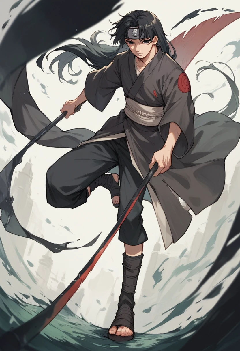 Anime girl with long black hair, black eyes an clam expression with a scythe. In the Naruto universe