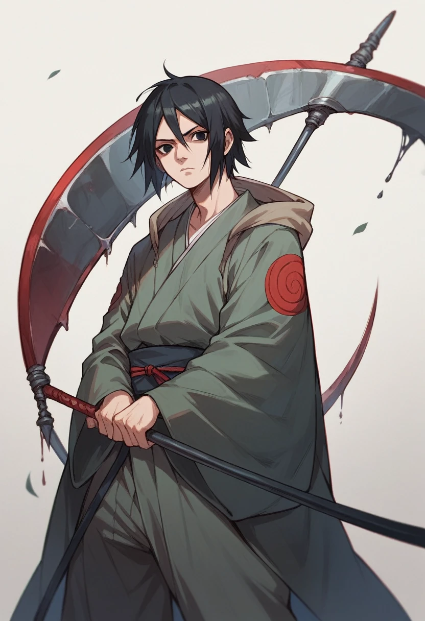 Anime girl with long black hair, black eyes an clam expression with a scythe. In the Naruto universe