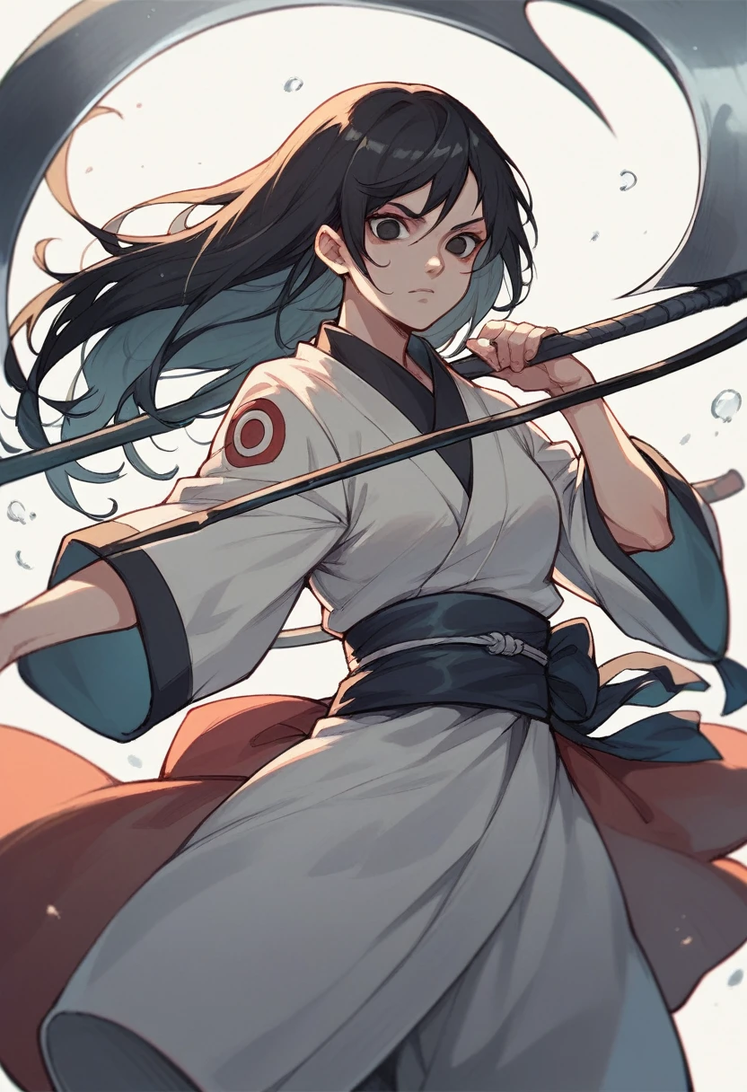 Anime girl with long black hair, black eyes an clam expression with a scythe. In the Naruto universe 