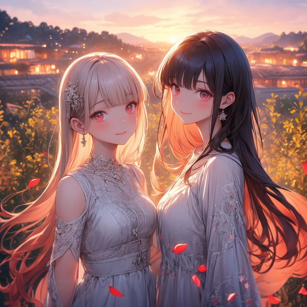 (masterpiece:1.2),(4k anime),high quality,(perfect anatomy),(Accurate fingers),(1 girl),black long hair,beautiful detailed red eyes,a shy smile,In the fantastic beauty of the sunset backlight,red cute clothing,Bokeh, A gentle light spreads over the tranquil surroundings,overlooking the terraced fields,The background is soft and blurry,Add a dramatic and symbolic element to your scene, The petals are soft, Magical colors and atmosphere