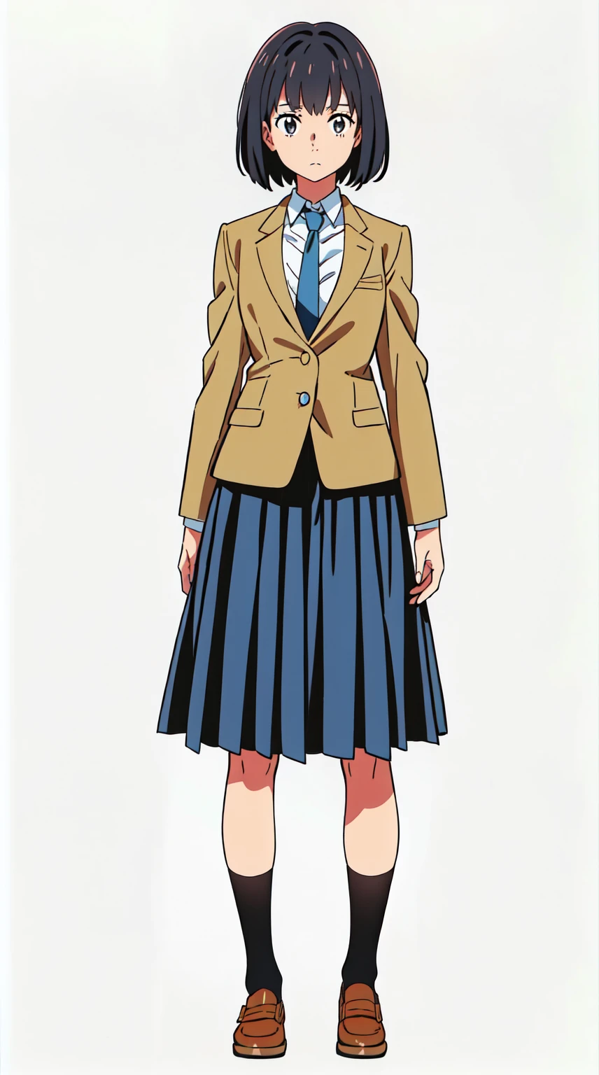 (white background:1.0), (best quality:1.0), (masterpiece:1.0), (super fine illustration:1.0), (beautiful artwork:1.0), (anime screencap:1.0), (official art:1.0), (full body:1.0), (solo:1.0), (HSGA:1.0), (a 18yo cute girl:1.0), (long skirt:1.0), (dark blue skirt:1.0), (pleated skirt:1.0), (school uniform beige blazer:1.0), (dark blue necktie:1.0), (loafers:1.0), (black socks:1.0), (ideal ratio body proportions:1.0), (lanky:1.0), (tall:1.0), (slender:1.0), (small breasts:1.0), (smaller face:1.0), (tareme:1.0), (detailed beautiful eyes:1.0), (detailed beautiful face:1.0), (glowing black eyes:1.0), (bob cut hair:1.0), (black hair:1.0), (standing:1.0), (looking at viewer:1.0)