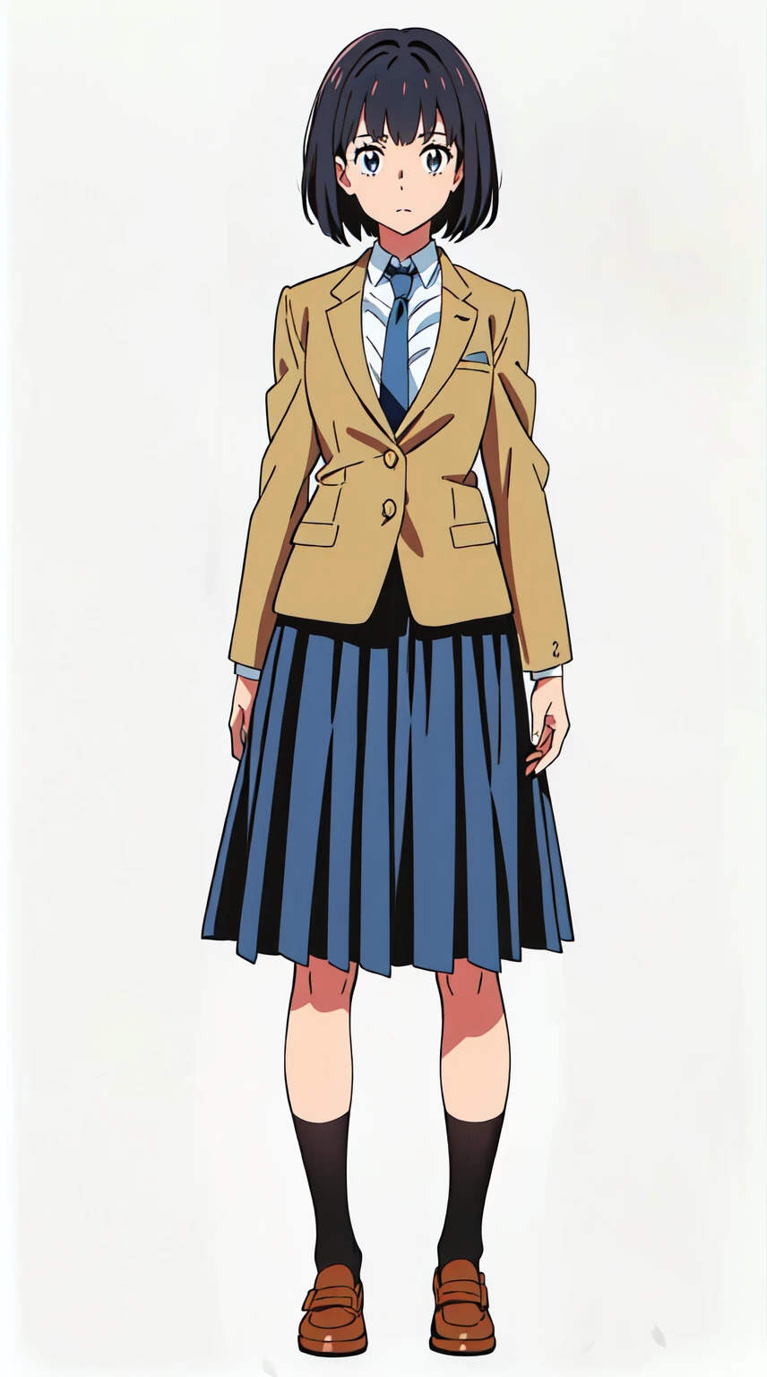 (white background:1.0), (best quality:1.0), (masterpiece:1.0), (super fine illustration:1.0), (beautiful artwork:1.0), (anime screencap:1.0), (official art:1.0), (full body:1.0), (solo:1.0), (HSGA:1.0), (a 18yo cute girl:1.0), (long skirt:1.0), (dark blue skirt:1.0), (pleated skirt:1.0), (school uniform beige blazer:1.0), (dark blue necktie:1.0), (loafers:1.0), (black socks:1.0), (ideal ratio body proportions:1.0), (lanky:1.0), (tall:1.0), (slender:1.0), (small breasts:1.0), (smaller face:1.0), (tareme:1.0), (detailed beautiful eyes:1.0), (detailed beautiful face:1.0), (glowing black eyes:1.0), (bob cut hair:1.0), (black hair:1.0), (standing:1.0), (looking at viewer:1.0)