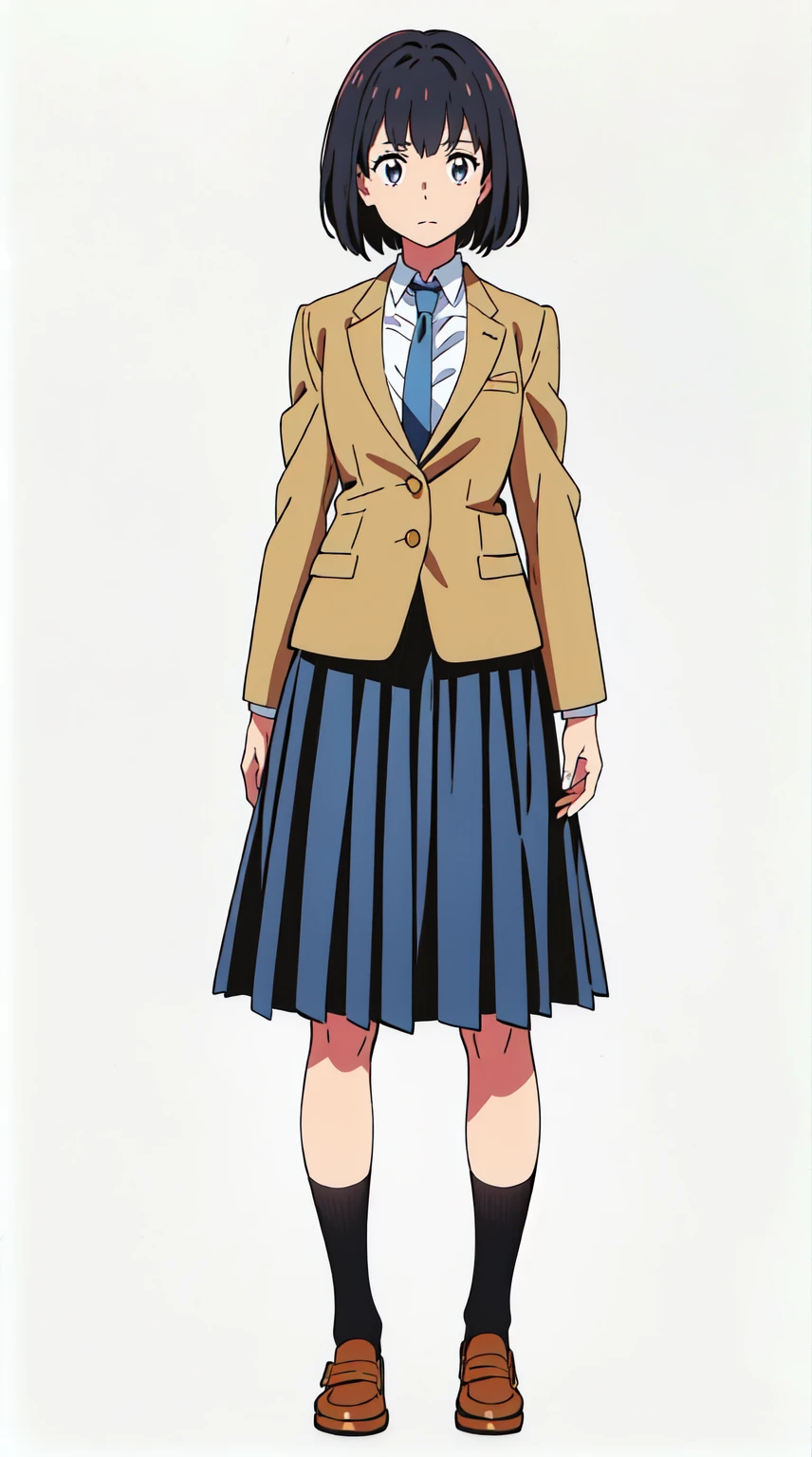 (white background:1.0), (best quality:1.0), (masterpiece:1.0), (super fine illustration:1.0), (beautiful artwork:1.0), (anime screencap:1.0), (official art:1.0), (full body:1.0), (solo:1.0), (HSGA:1.0), (a 18yo cute girl:1.0), (long skirt:1.0), (dark blue skirt:1.0), (pleated skirt:1.0), (school uniform beige blazer:1.0), (dark blue necktie:1.0), (loafers:1.0), (black socks:1.0), (ideal ratio body proportions:1.0), (lanky:1.0), (tall:1.0), (slender:1.0), (small breasts:1.0), (smaller face:1.0), (tareme:1.0), (detailed beautiful eyes:1.0), (detailed beautiful face:1.0), (glowing black eyes:1.0), (bob cut hair:1.0), (black hair:1.0), (standing:1.0), (looking at viewer:1.0)
