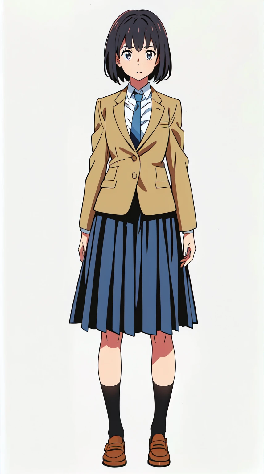 (white background:1.0), (best quality:1.0), (masterpiece:1.0), (super fine illustration:1.0), (beautiful artwork:1.0), (anime screencap:1.0), (official art:1.0), (full body:1.0), (solo:1.0), (HSGA:1.0), (a 18yo cute girl:1.0), (long skirt:1.0), (dark blue skirt:1.0), (pleated skirt:1.0), (school uniform beige blazer:1.0), (dark blue necktie:1.0), (loafers:1.0), (black socks:1.0), (ideal ratio body proportions:1.0), (lanky:1.0), (tall:1.0), (slender:1.0), (small breasts:1.0), (smaller face:1.0), (tareme:1.0), (detailed beautiful eyes:1.0), (detailed beautiful face:1.0), (glowing black eyes:1.0), (bob cut hair:1.0), (black hair:1.0), (standing:1.0), (looking at viewer:1.0)
