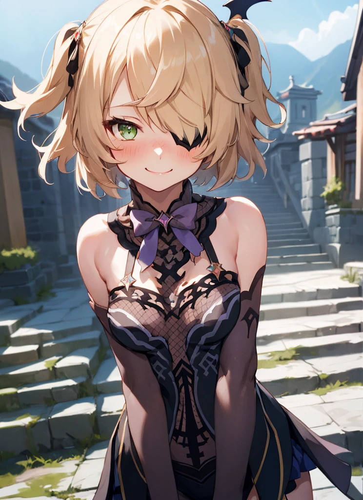 fischldef, upper body, smile, blush, outdoors, day, simple background, blue sky, short hair, sky, temple, looking at viewer, stairs, mountain, moody lighting, facing viewer,