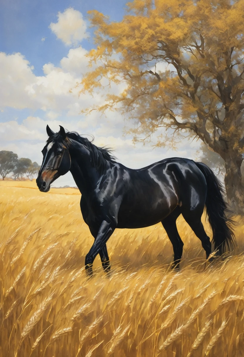 Black horse in a plantation field of bright golden wheats