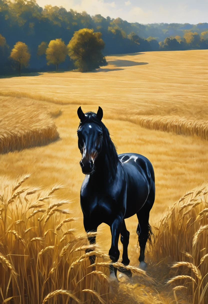 Black horse in a plantation field of bright golden wheats