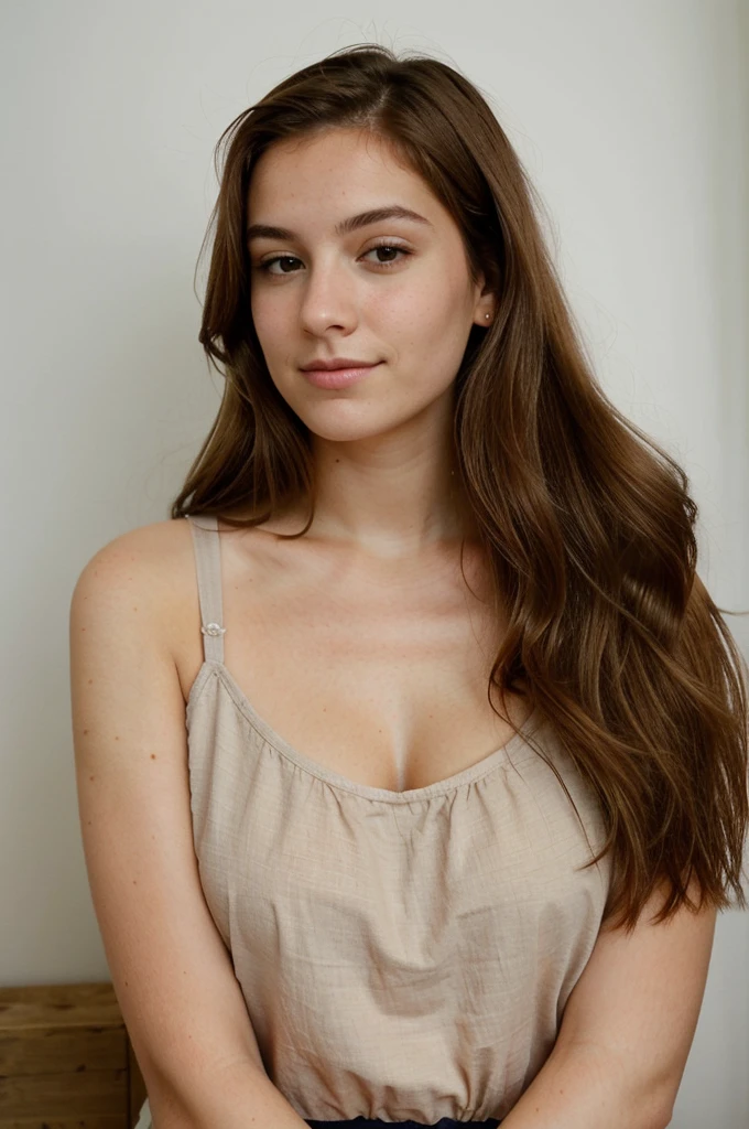 Femme de 21 ans , beau cheveux brun , yeux marron , grain de beauté sur la joue , un peu de tache de rousseur qui fait une pose pour une photo de profil
