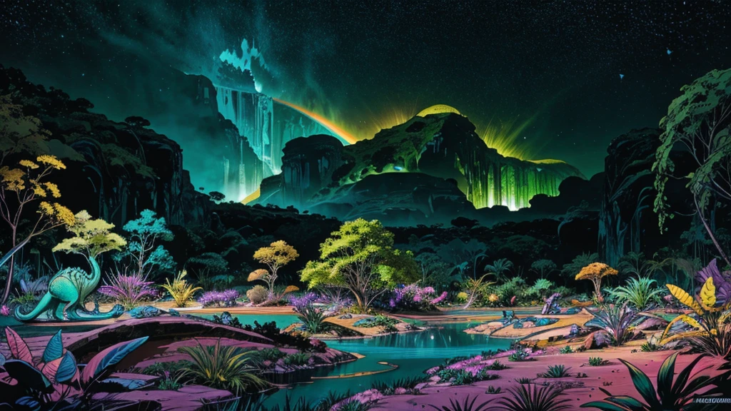 WITH DINOSAURS! WITH DINOSAURS! WITH DINOSAURS! WITH DINOSAURS! WITH DINOSAURS! A photorealistic fantastical landscape. The background features floating islands covered in bioluminescent plants, cascading waterfalls of rainbow colors, and giant crystalline structures that refract light. Vibrant colors include deep purples, electric blues, neon pinks, and shimmering golds. The lighting is ethereal, with a soft glow emanating from the plants and crystals. Broad strokes of bright, contrasting colors sweep across the sky, reminiscent of an abstract painting - vibrant oranges, lime greens, and vivid magentas create a striking contrast against the fantastical elements. WITH DINOSAURS! WITH DINOSAURS! WITH DINOSAURS! WITH DINOSAURS! WITH DINOSAURS!