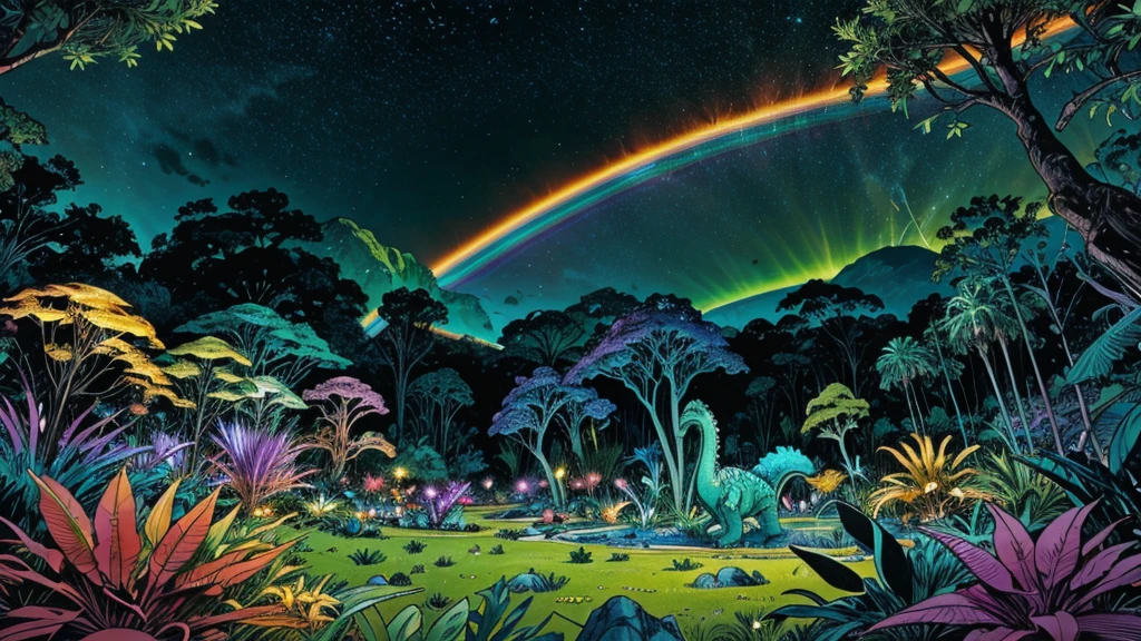 WITH DINOSAURS! WITH DINOSAURS! WITH DINOSAURS! WITH DINOSAURS! WITH DINOSAURS! A photorealistic fantastical landscape. The background features floating islands covered in bioluminescent plants, cascading waterfalls of rainbow colors, and giant crystalline structures that refract light. Vibrant colors include deep purples, electric blues, neon pinks, and shimmering golds. The lighting is ethereal, with a soft glow emanating from the plants and crystals. Broad strokes of bright, contrasting colors sweep across the sky, reminiscent of an abstract painting - vibrant oranges, lime greens, and vivid magentas create a striking contrast against the fantastical elements. WITH DINOSAURS! WITH DINOSAURS! WITH DINOSAURS! WITH DINOSAURS! WITH DINOSAURS!