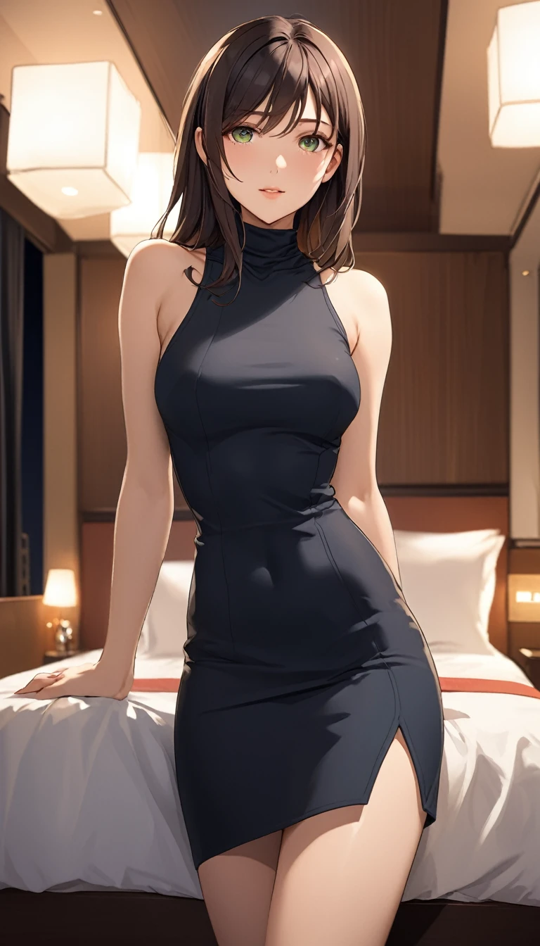 masterpiece, high resolution, (((Shigure-Kancolle))), 20 years old, black sleeve less turtleneck tight skirt one piece, mini pencil skirt, beautiful woman, night hotel, looking at me, high resolution face, (high resolution eyes)