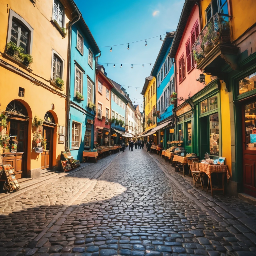 A charming cobblestone street, colorful buildings, lively market
scene, instant camera, wide-angle lens, afternoon sun, vibrant street
photography, instant film