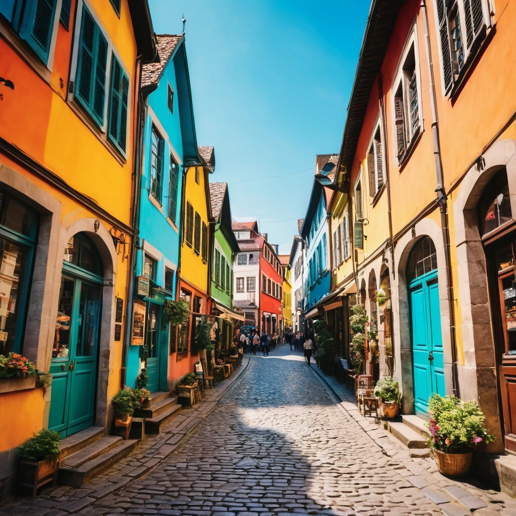 A charming cobblestone street, colorful buildings, lively market
scene, instant camera, wide-angle lens, afternoon sun, vibrant street
photography, instant film