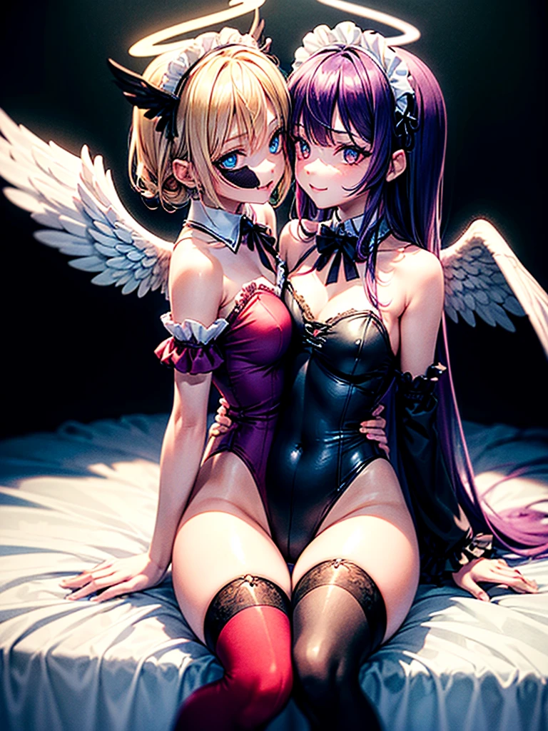 Highest quality,Highest Resolution,(((A beautiful girl with blue eyes and blonde hair in a maid leotard and white angel wings on her back)))and(((A beautiful girl with red eyes, purple hair, and black angel wings on her back in a gothic ta leotard)))They are having sex while kissing in the sitting position,saliva,(((Halo))),smile,Frills,Knee-high stockings,A distant view,