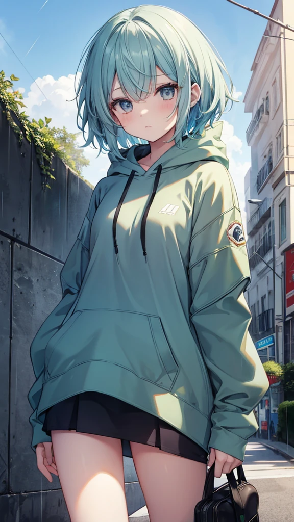 short hire
hair color gray
eyes color sky bule and right green
girl wearing a hoodie
sniper stile
rain
