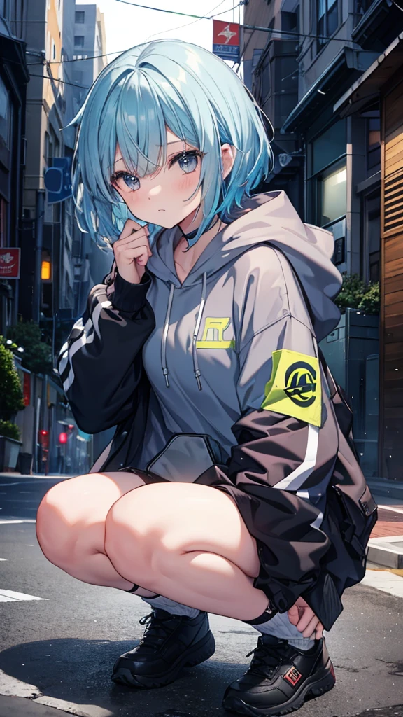 short hire
hair color gray
eyes color sky bule and right green
girl wearing a hoodie
sniper stile
rain