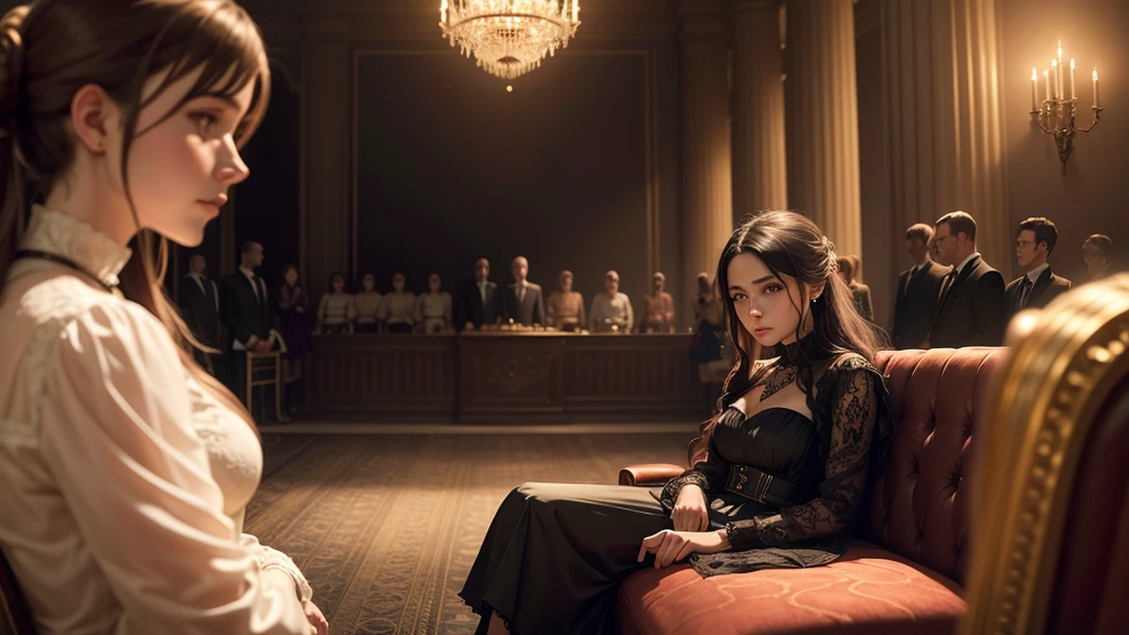 A scene of a sad and lonely young woman sitting in a dark corner of a large and opulent room. Her family is in the background, with the brother in the center, receiving attention and applause. The young woman should be depicted in darker and cooler colors, while the family is in warm and bright tones.