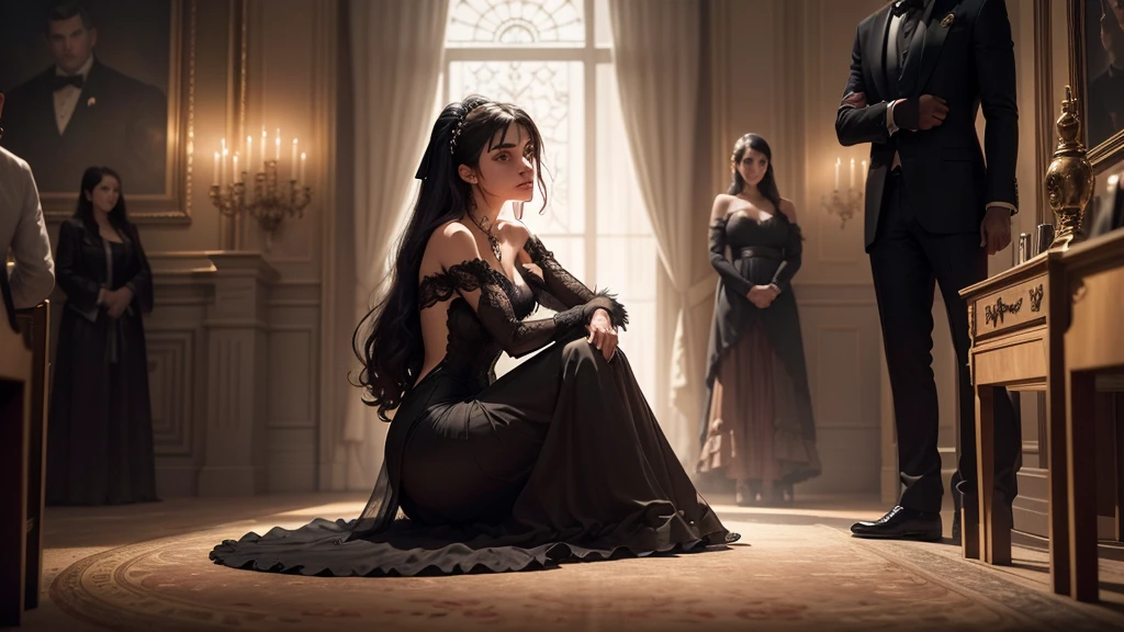 A scene of a sad and lonely young woman sitting in a dark corner of a large and opulent room. Her family is in the background, with the brother in the center, receiving attention and applause. The young woman should be depicted in darker and cooler colors, while the family is in warm and bright tones.