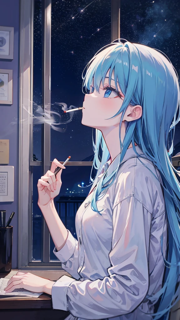 Smoking a cigarette by the window、Looking up at the night sky