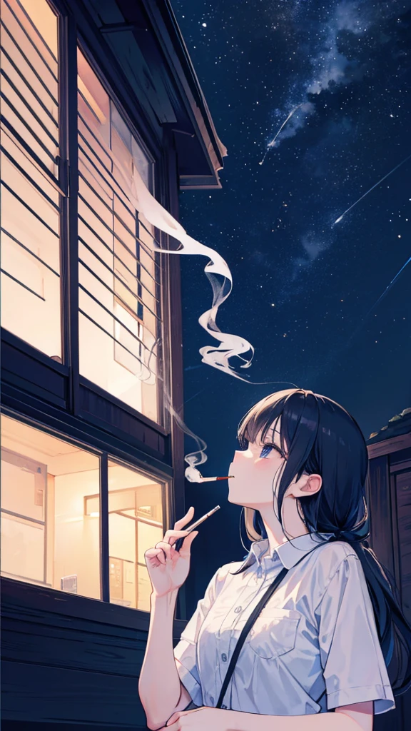 Smoking a cigarette by the window、Looking up at the night sky