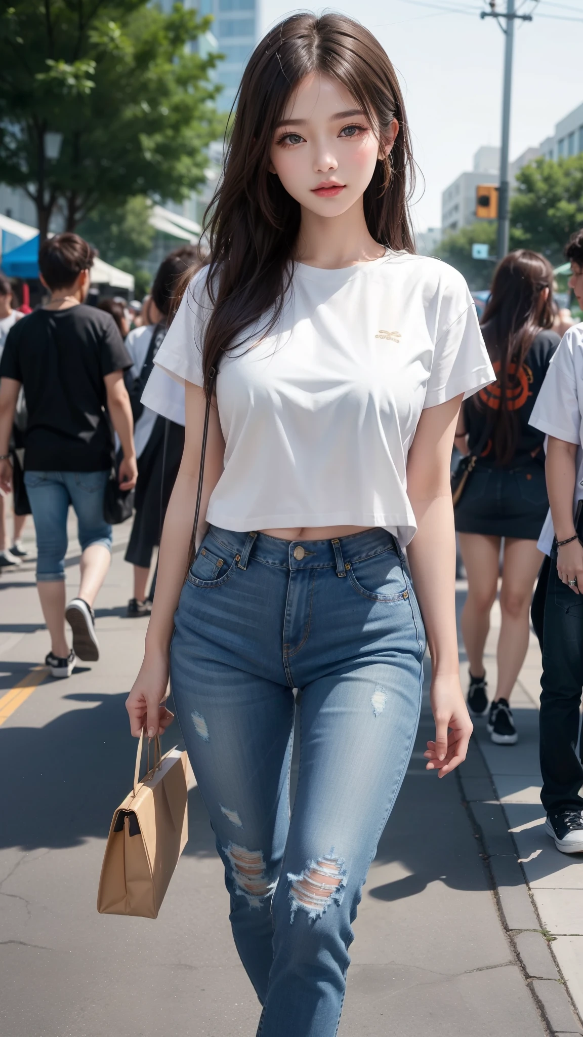 A classic white tee and distressed jeans look.、A single woman who exudes confidence and effortless style(1 Female)A masterpiece that captures the essence of(quality:1.2)。Her minimalist makeup style highlights her natural beauty..、Her messy hairstyle lends a casual charm。The scene was、Located in the vibrant surroundings of music festivals and the trendy downtown district。photograph、In its highest quality resolution、beautiful, Modern and easygoing encapsulation