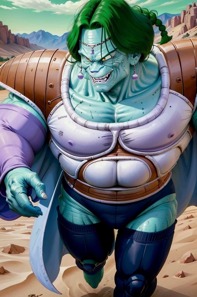 zarbon, fat man, sharp teeth, wrinkled skin,male focus, 1boy, solo, light blue cape, blue skin, green hair, cowboy shot,closed mouth,  single braid,grass, purple detached sleeves, saiyan armor, blue briefs,muscular male, yellow eyes,earrings,circlet, green sky, cloud, blue thighhighs,mountain ( best quality, masterpiece,realistic, photorealistic)  