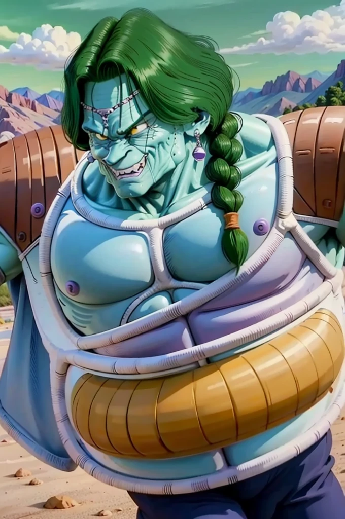 zarbon, fat man, sharp teeth, wrinkled skin,male focus, 1boy, solo, light blue cape, blue skin, green hair, cowboy shot,closed mouth,  single braid,grass, purple detached sleeves, saiyan armor, blue briefs,muscular male, yellow eyes,earrings,circlet, green sky, cloud, blue thighhighs,mountain ( best quality, masterpiece,realistic, photorealistic)  