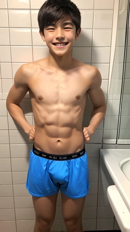 Japanese、 male、Well-developed muscles and smooth skin、very short black hair、Friendly and relaxed smile、Open mouth smile、Lightweight boxer shorts、The whole body is visible、in narrow bathroom