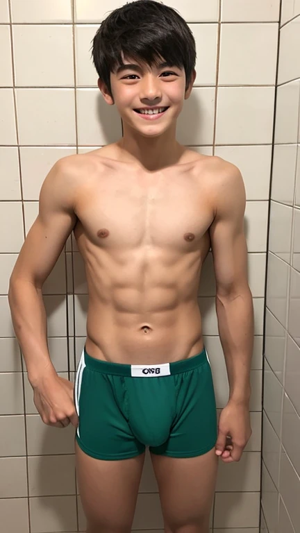 Japanese、-yeld maWell-developed muscles and smooth skin、very short black hair、Friendly and relaxed smile、Open mouth smile、Lightweight boxer shorts、The whole body is visible、in narrow bathroom