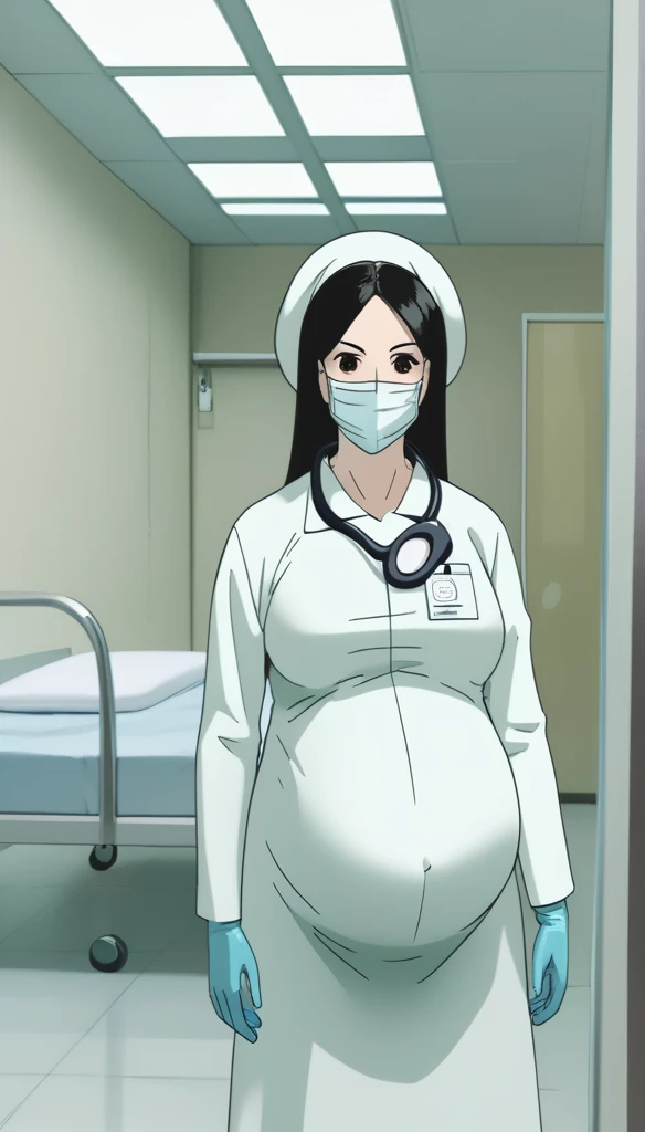 score_9,  score_8_up, score_7_up, source_anime, raw image, masterpiece, highest quality, kasuganoray, pale skin, her eyes are happy, long black hair, big breasts, scrubs, surgical mask, bouffant cap, long sleeve maternity dress, put on another long sleeved coat, seamless, navel head, the dress isn't wrinkled, long white stockings,
1girl, pregnant, solo, long rubber gloves, looking down, furrowed brow, hospital bed, light shines from the ceiling, standing, patient room background, stethoscope around neck, She is inquiring about the patient's condition