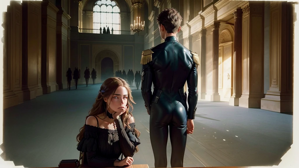 A scene of a sad and lonely young woman sitting in a dark corner of a large and opulent room. Her family is in the background, with the brother in the center, receiving attention and applause. The young woman should be depicted in darker and cooler colors, while the family is in warm and bright tones.