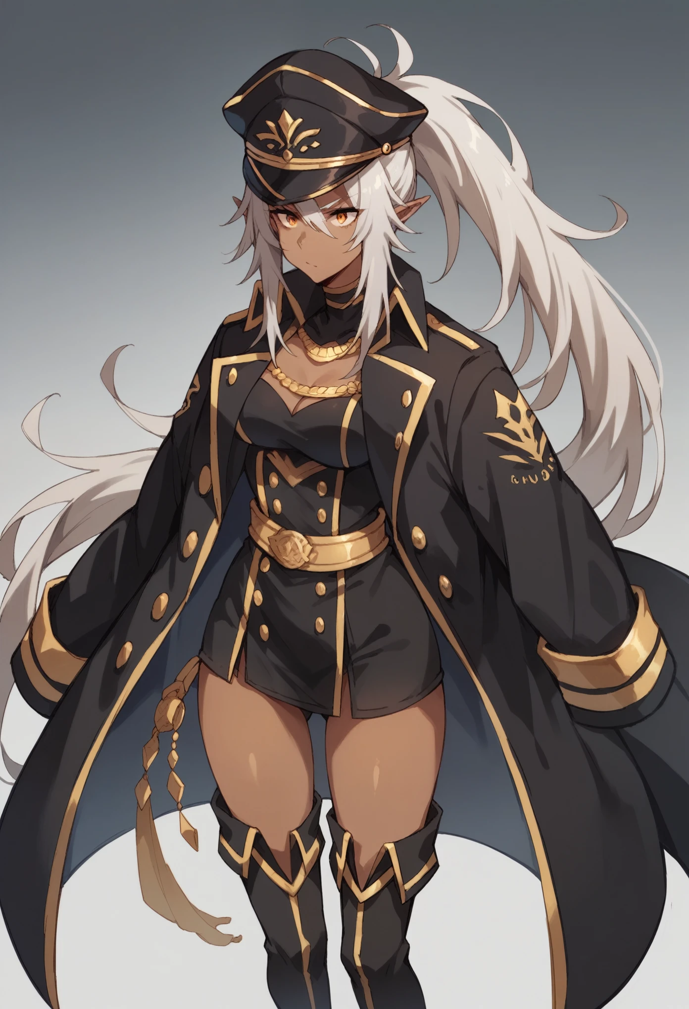 orange eyes,dark elf,grey hair,1lady,high ponytail, gold and black coat,jewelry,gold and black uniform,military hat,thigh boots,
