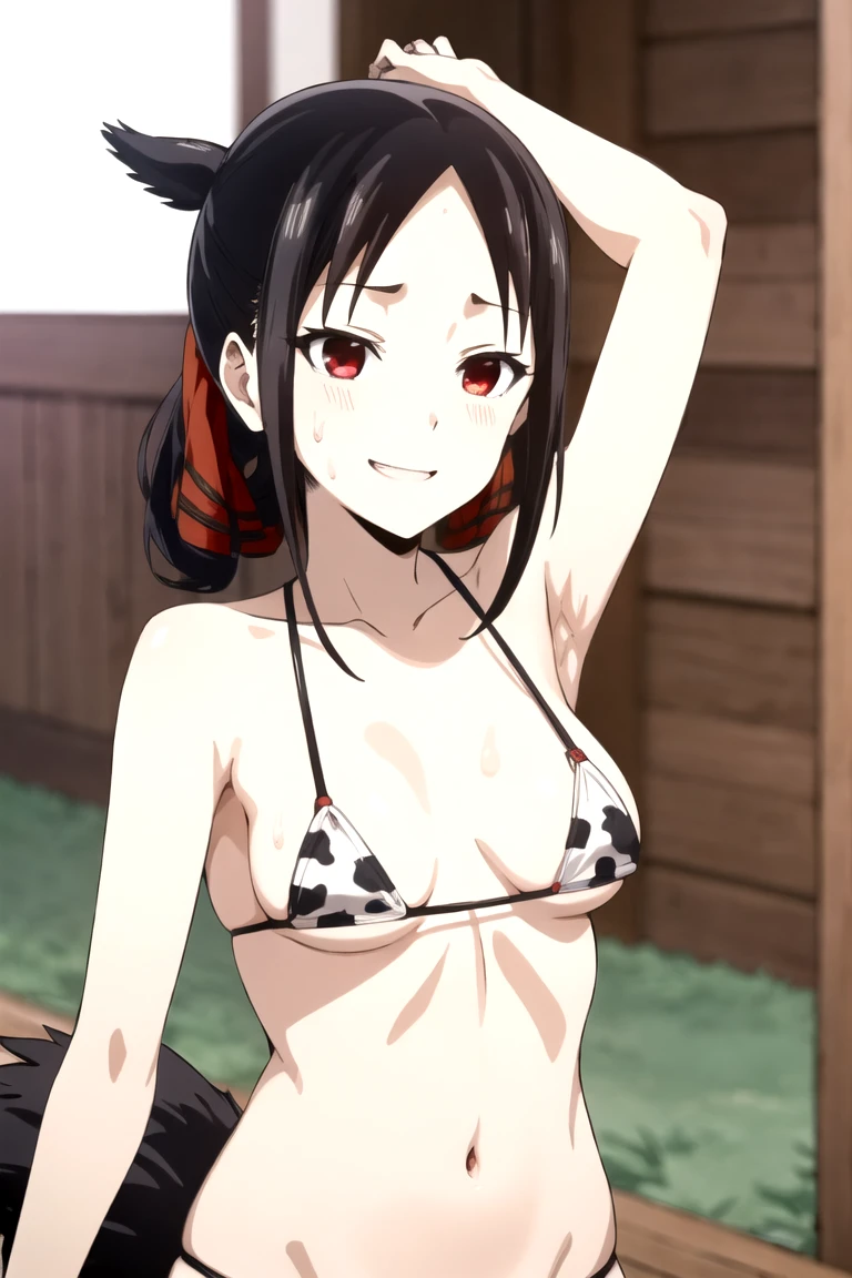 Shinomiya Kaguya, Shinomiyakaguya, Red eyes, small breasts, list brook, black fur, Red eyes, cow micro bikini, cow print, excited, SMILE, sweaty body, sweating 