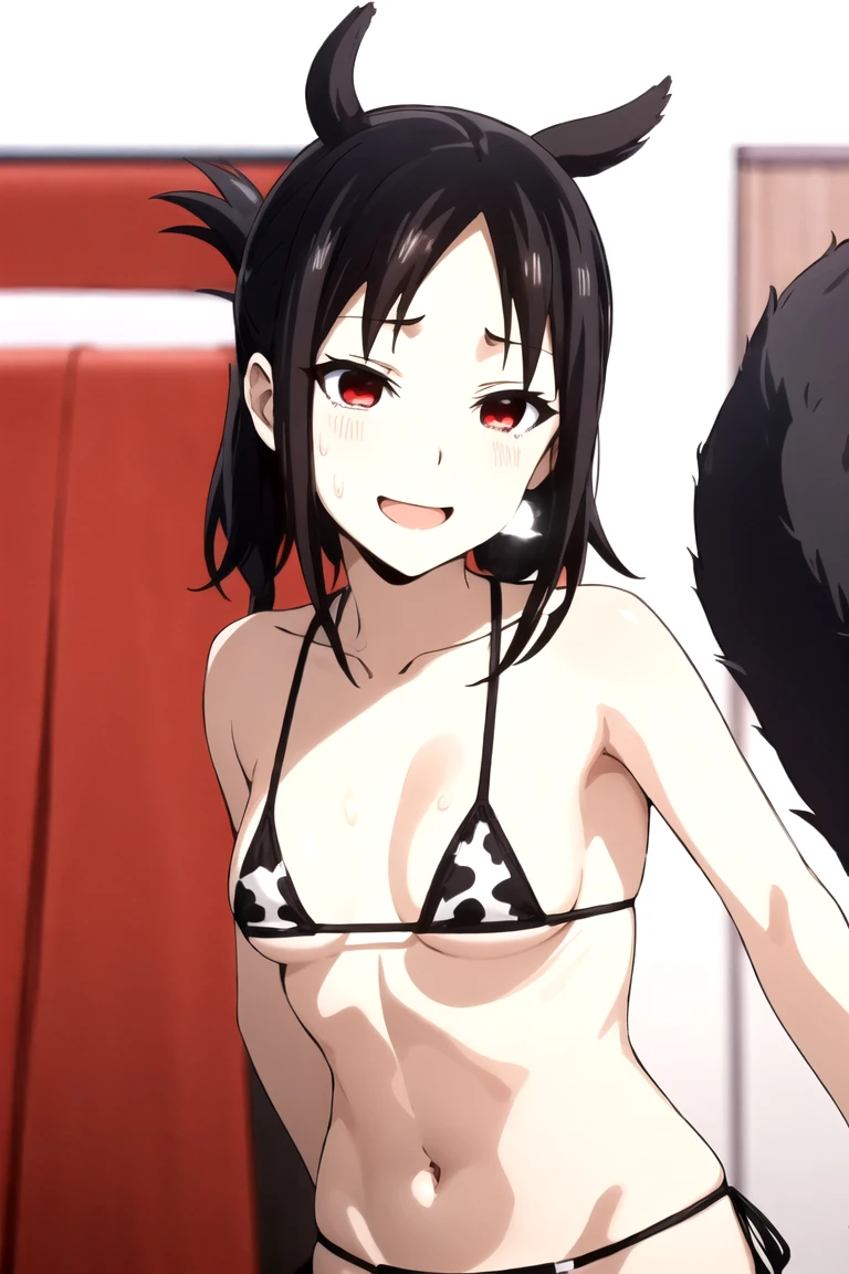 Shinomiya Kaguya, Shinomiyakaguya, Red eyes, small breasts, list brook, black fur, Red eyes, cow micro bikini, cow print, excited, SMILE, sweaty body, sweating
