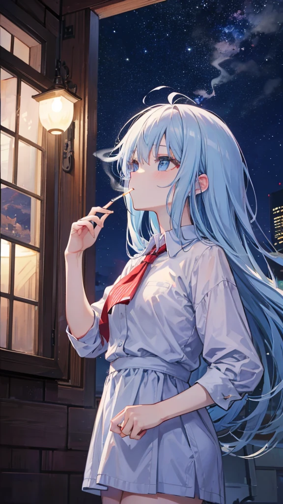 Smoking a cigarette by the window、Looking up at the night sky