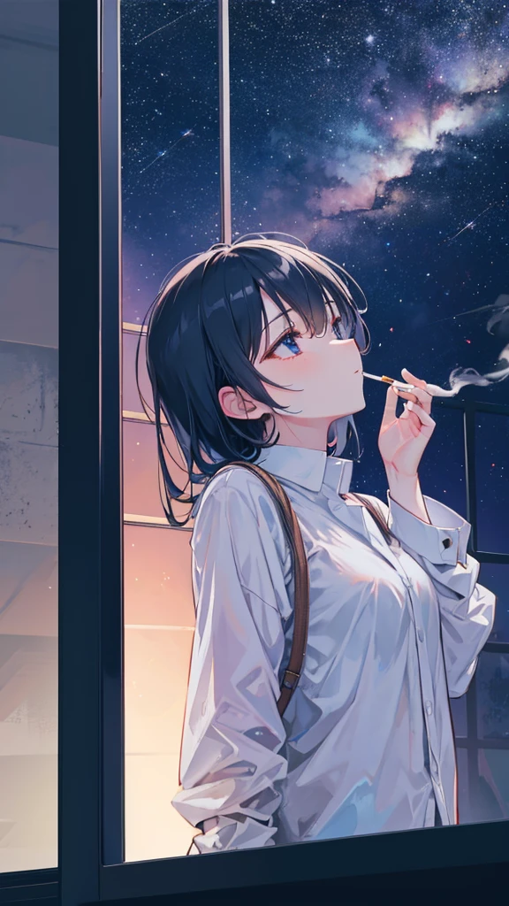 Smoking a cigarette by the window、Looking up at the night sky