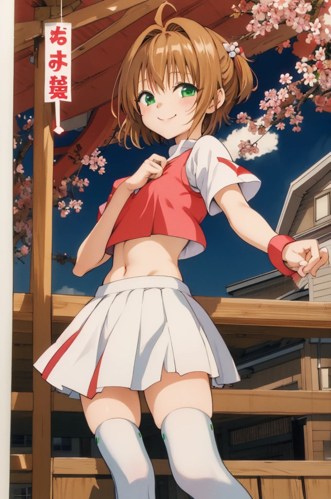 masterpiece, best quality, highres, kinomoto sakura, 1girl, brown hair, short hair, antenna hair, , green eyes, , white thighhighs, , standing, smile,(cheer girl costume),crop top,miniskirt,midriff,outdoor