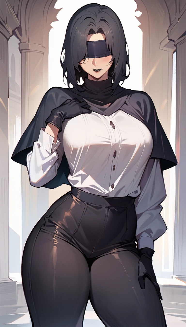(high quality, 8k, 4K, high contrast, artwork:1.2, high quality, best aesthetics), (centered), ((1 woman)), erotic, sensual, mature body, super detailed, beautiful face detailed, detailed beautiful mouth, perfect breats, perfect wide thighs, (short straight black hair), (black lipstick), (sadistic expression), (black blindfold), (eyes covered by a black blindfold), (blindfolded), (plain white shirt), (black leggings), (long black poncho), (black gloves), (standing), (looking at viewer), (front view)