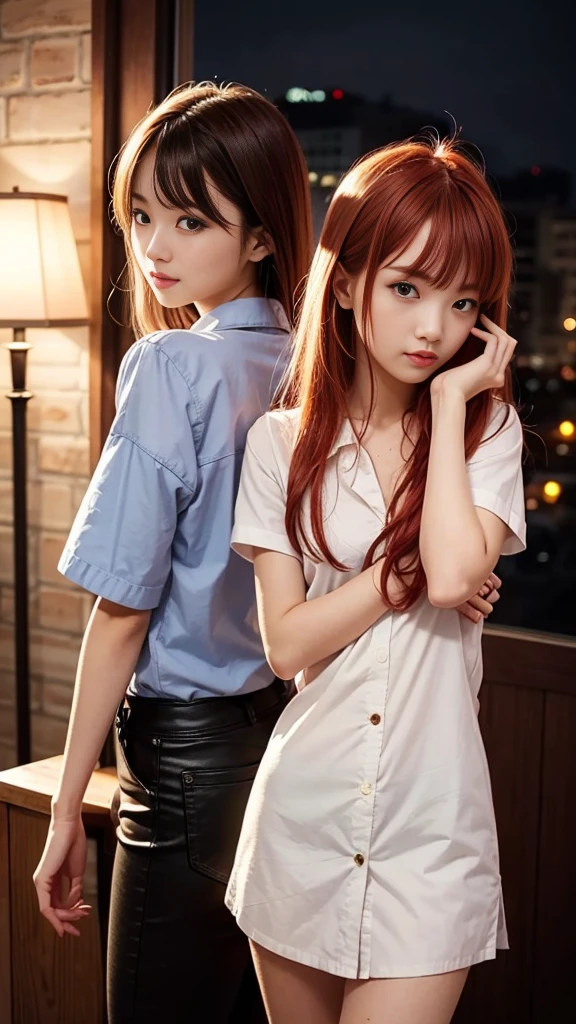 (Natural strawberry blonde and redhead girls with pretty faces), Cute pose, wearing a button shirt,  body, skinny, Atmospheric, Dark atmosphere, Edge lighting, Sayaka Yamamoto, Saito Asuka, Mao Akiyama&#39;s facial features, 8K, Full body portrait, Elegant outfit, Natural light, Spooky greenhouse at night, Sharp focus, (Highly detailed eyes and face, Professional photography techniques), (Beautiful small face, beautiful girl, high , Idol Face, Baby Face:1.4)Happy, K UHD, Hmph, Beautiful and soft skin, Vibrant Skin, blush, (Chirarizum:1.3, Unbutton your shirt:1.3), (Beautiful breasts, Cleavage), (Small beautiful butt), (Detailed hands:1.1, The optimal ratio is four fingers to one thumb), Perfect proportions, (Perfect Anatomy:1.3), (Highest quality, Masterpiece, Highest quality, Ultra high definition, Photorealism:1.4), ((Touching each other&#39;s breasts))