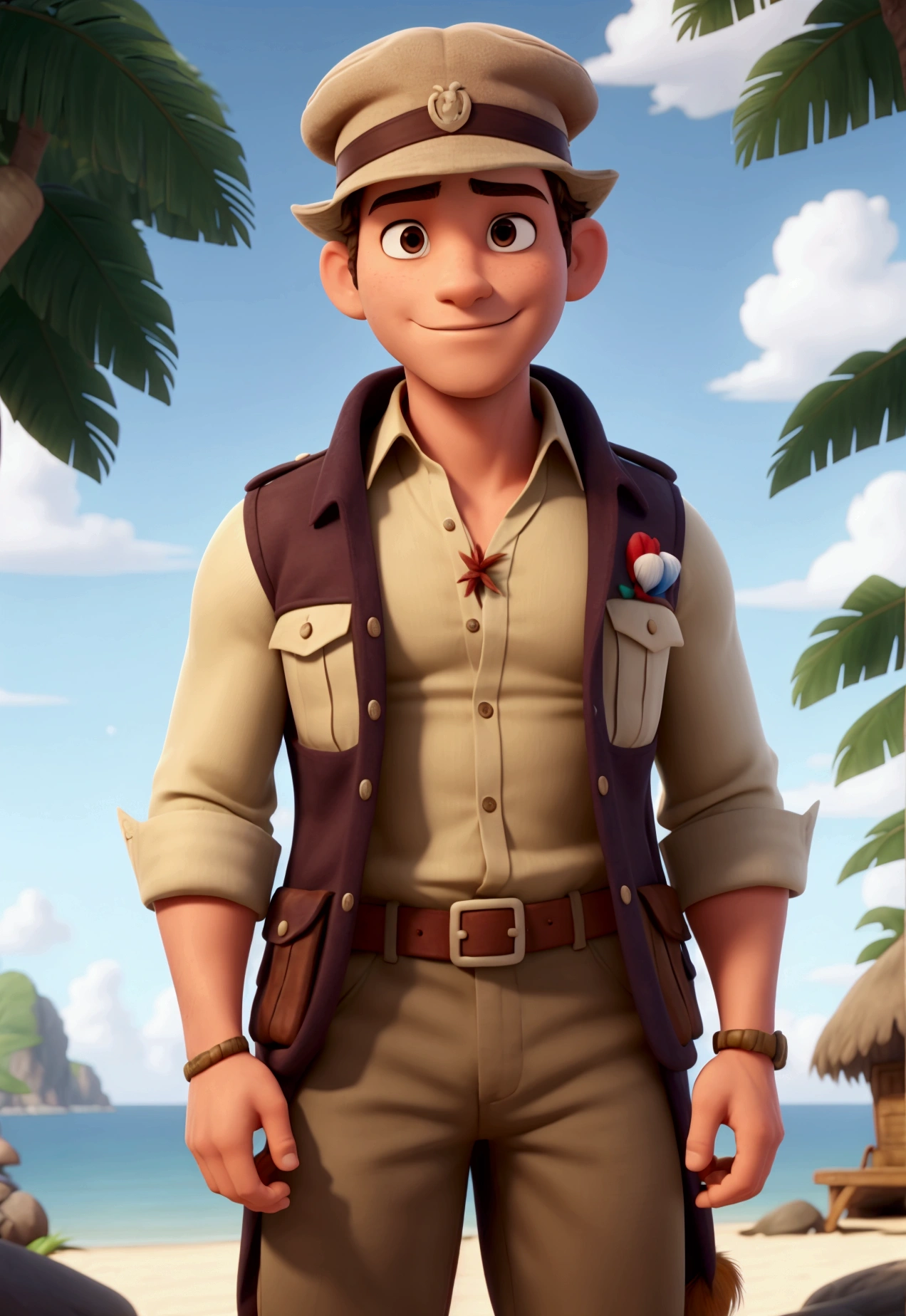 hunter prince, grown-up, strong bodie, barba, riffle, naval explorer clothes, hat with feather. Jungle and Beach.