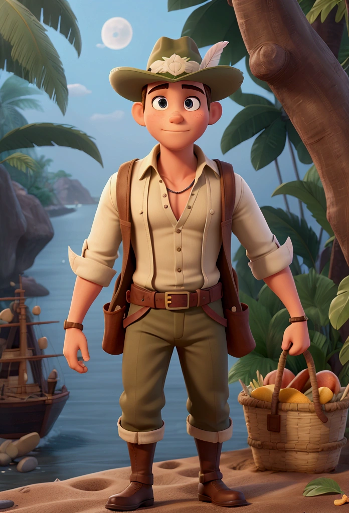 hunter prince, grown-up, strong bodie, barba, riffle, naval explorer clothes, hat with feather. Jungle and Beach.