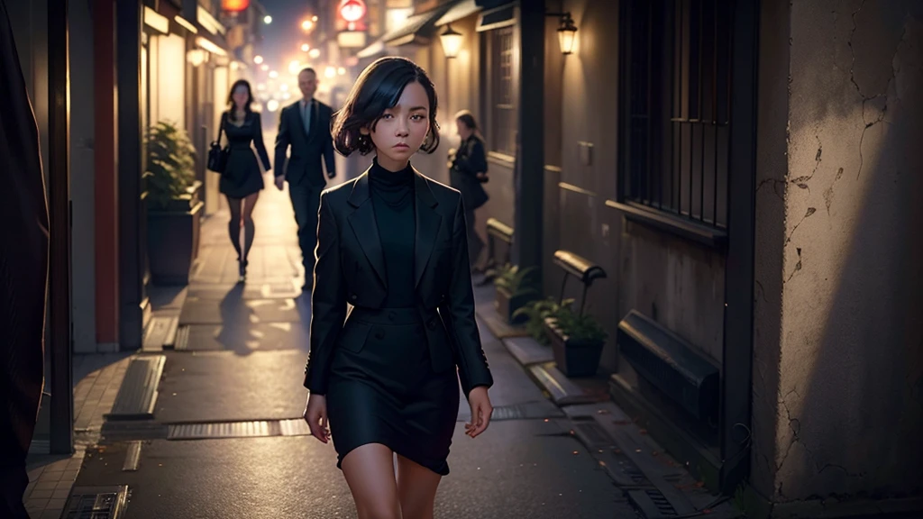  A young woman with a determined expression, dressed in modern and elegant clothes, walking through a busy city. In the background, the silhouette of an old house with shadows of family members looking enviously. The city should be illuminated with bright lights, highlighting the contrast between her dark past and her successful present.